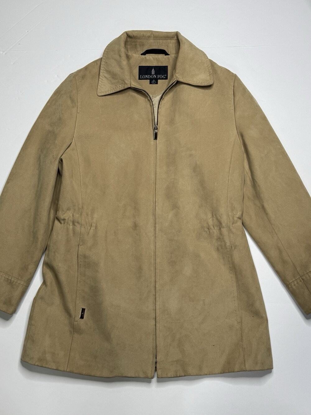 London Fog Womens S Petite Tan Faux Suede Long Jacket Coat Full Zip Lined